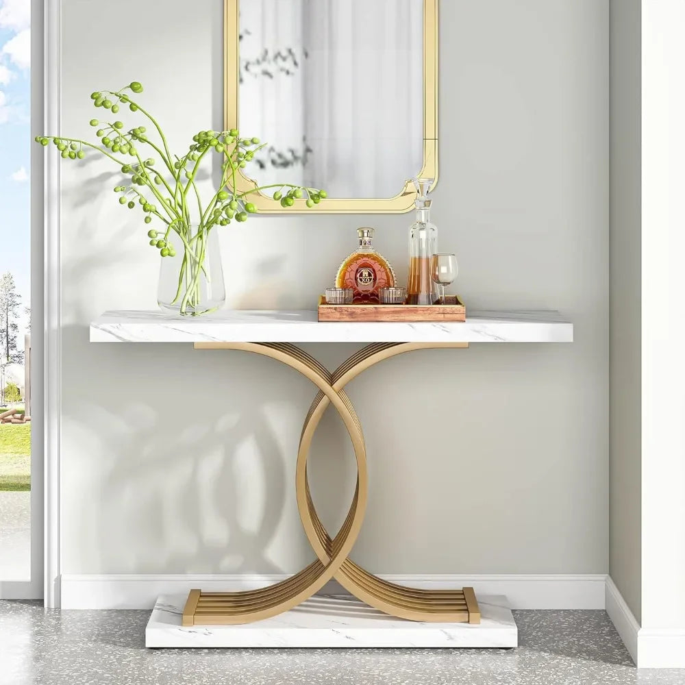 Gold Entryway Table, Modern 39” Console/Accent Table Geometric Foyer Entrance  Table