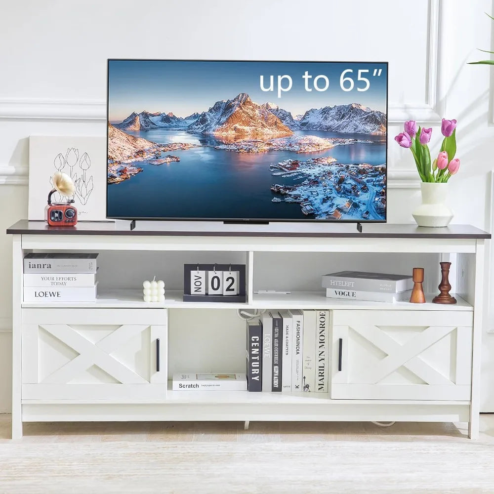 Rustic White Farmhouse TV Stand/Entertainment Center with Power Outlets
