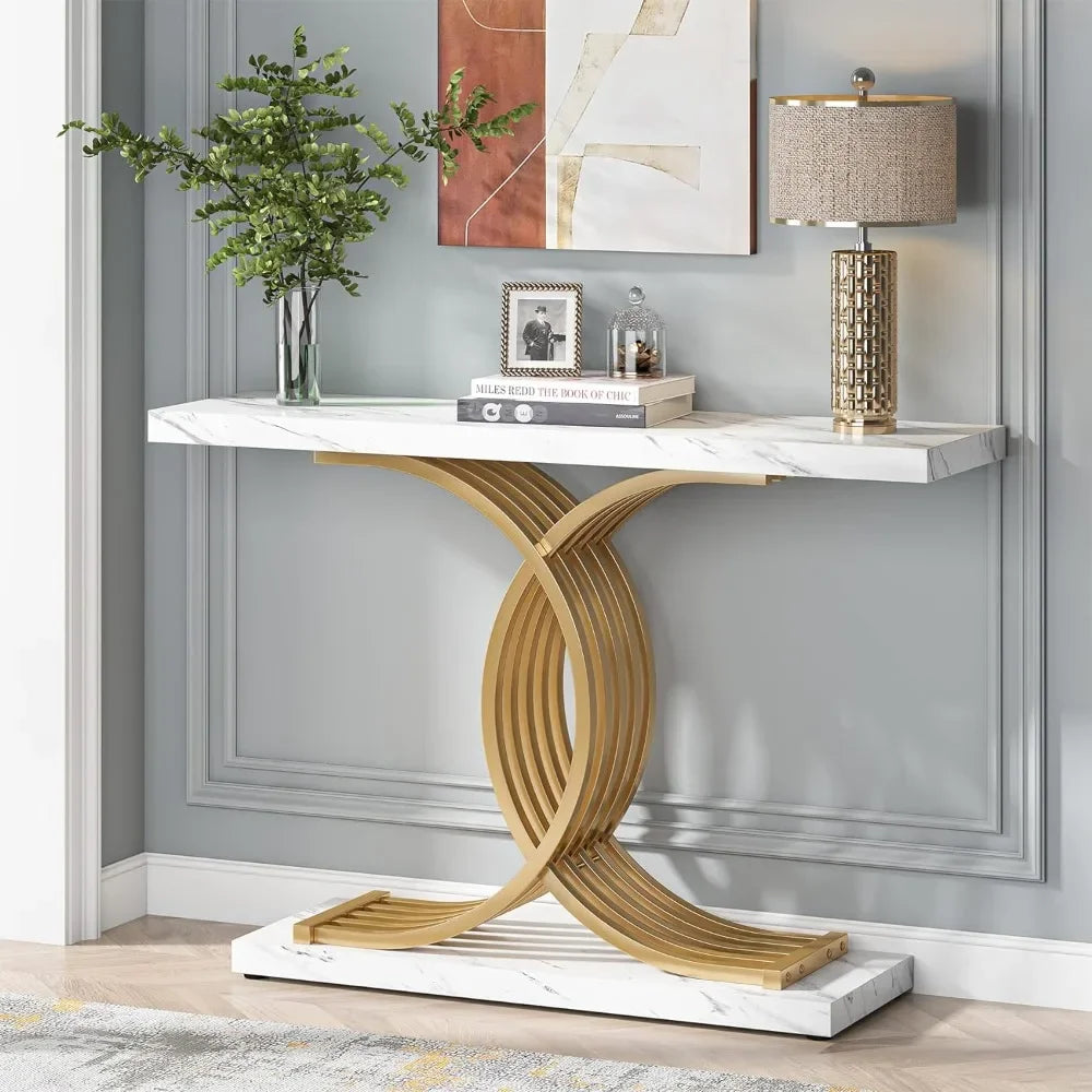 Gold Entryway Table, Modern 39” Console/Accent Table Geometric Foyer Entrance  Table