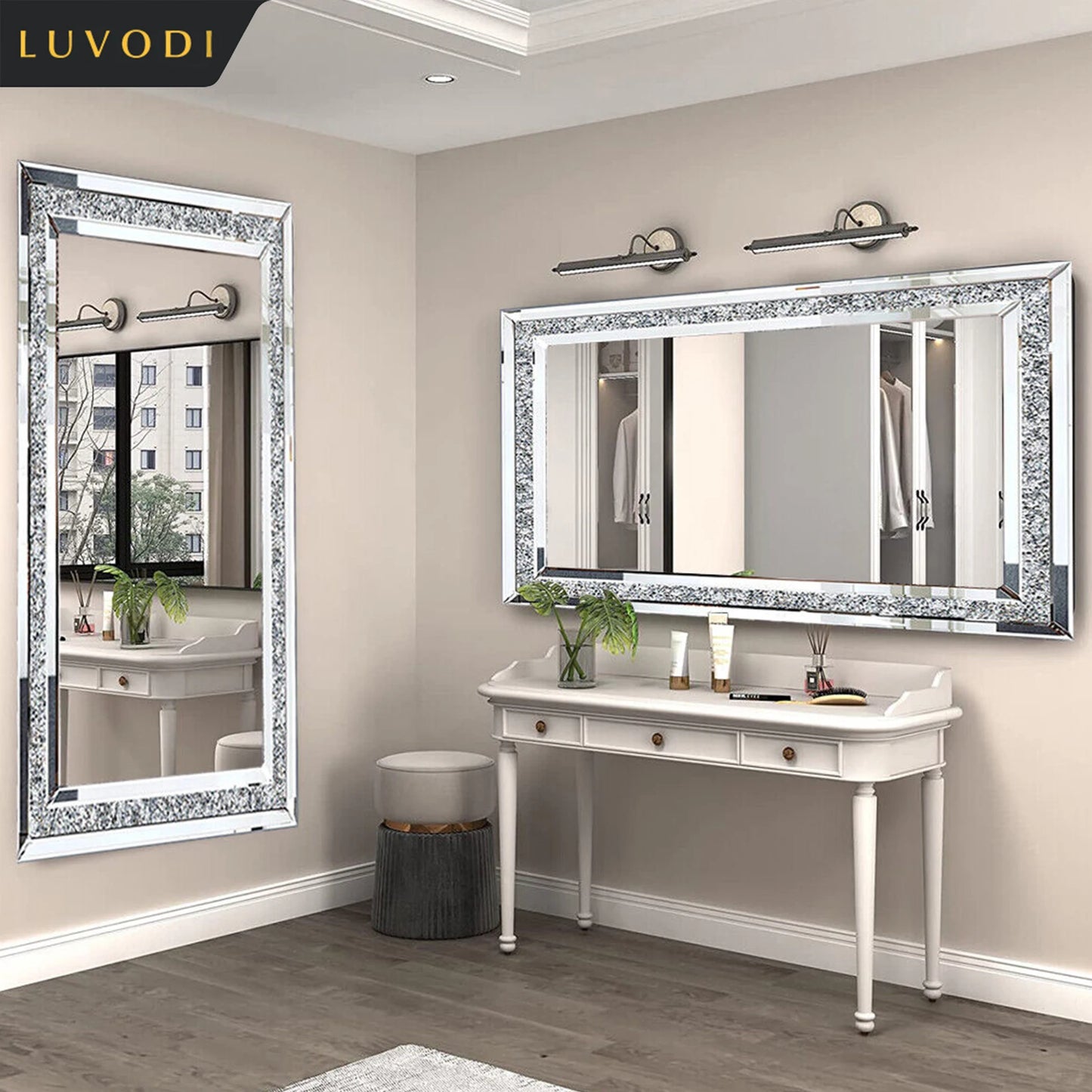Large Silver Rhinestone Diamond Vanity Mirror, Wall-Mounted