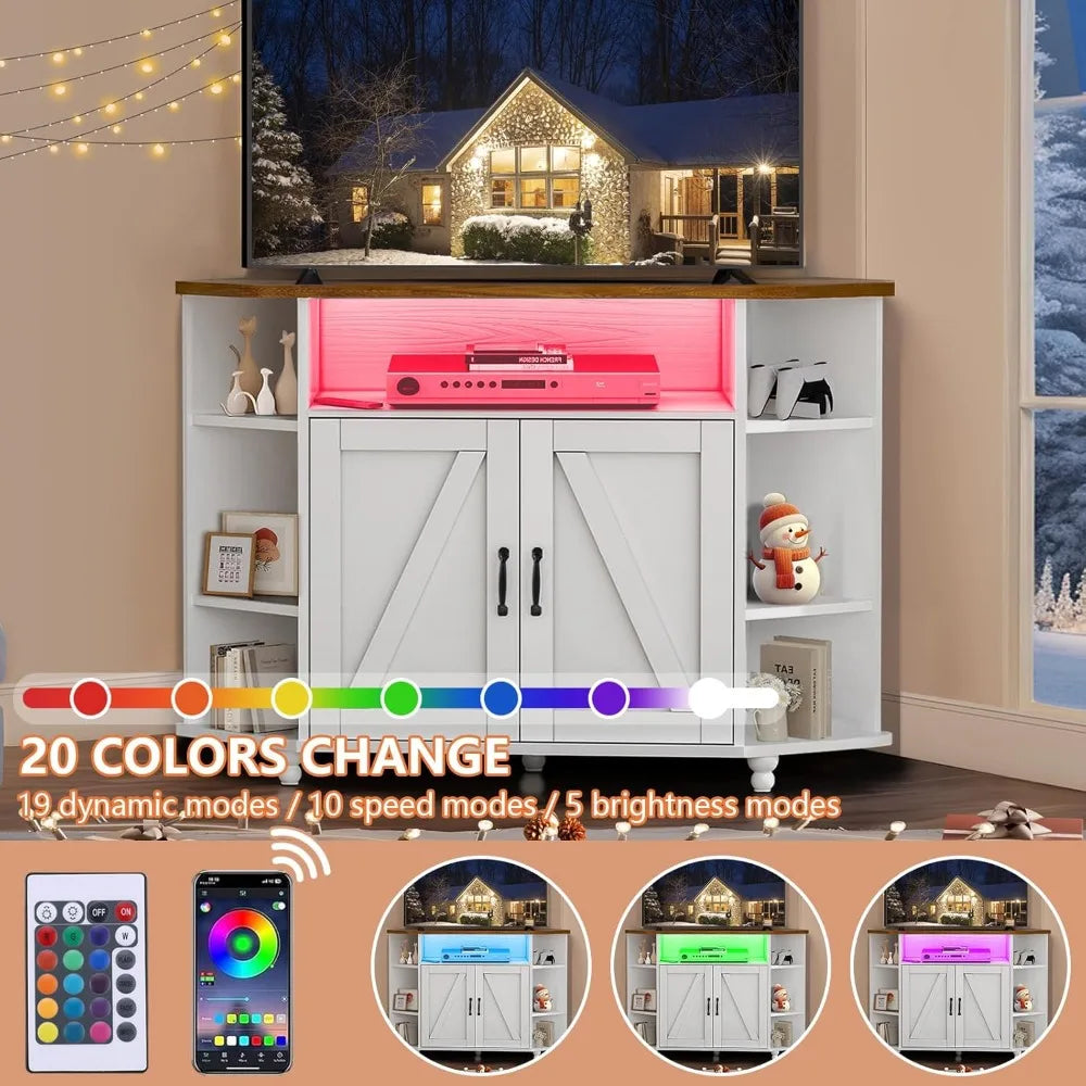 Farmhouse Corner TV Stand with LED Lights, Corner Entertainment Center