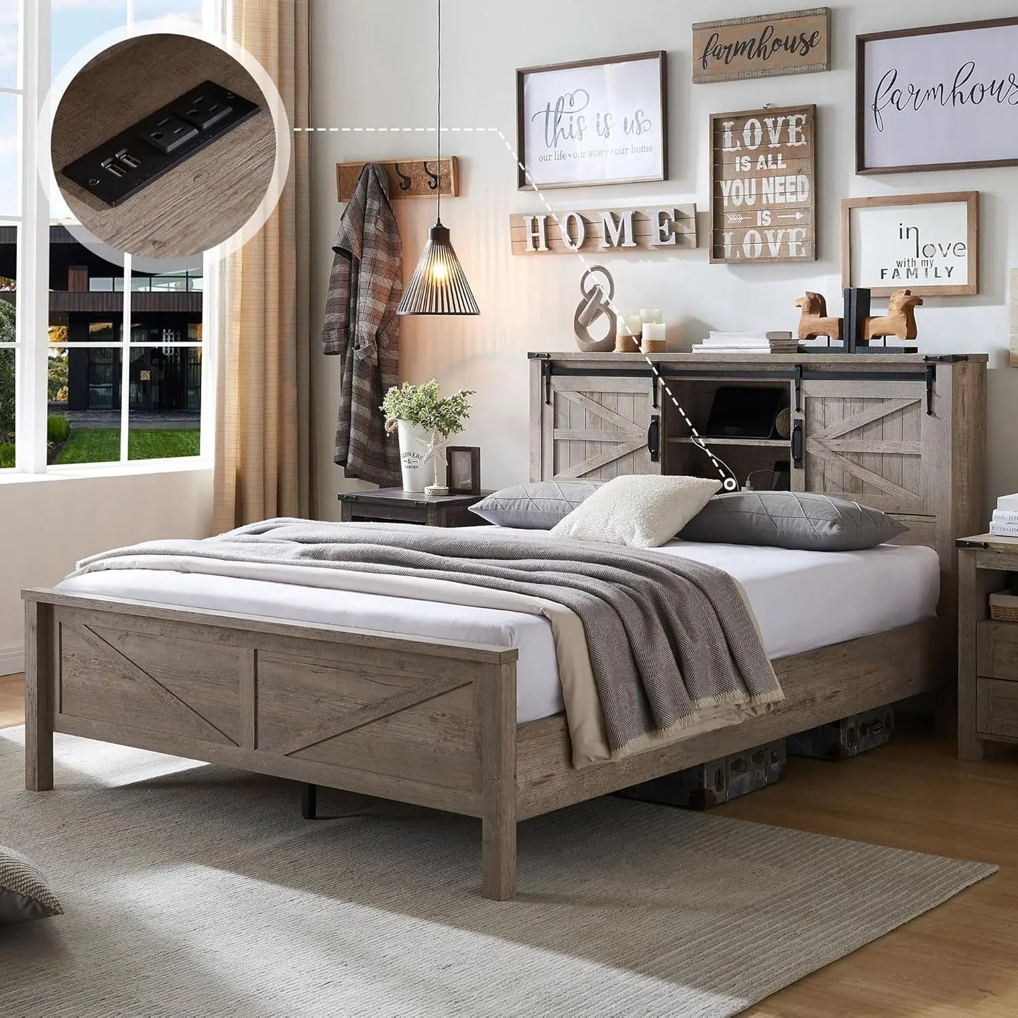 Farmhouse King Bed Frame w/Storage, Wooden Platform Bed
