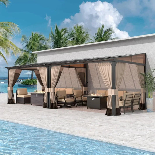 10' x 24' Outdoor Wall Mounted Hardtop Pergola with Sloping Sun Panel
