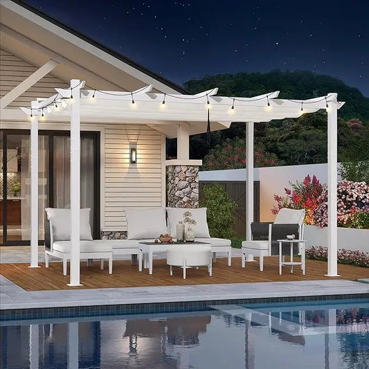 10' x 13' Outdoor Aluminum Retractable Pergola with Sun Shade Canopy and String Lights