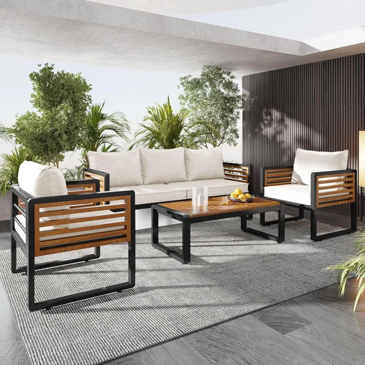 4-Pieces Outdoor Patio Sectional Set with Thick Cushions