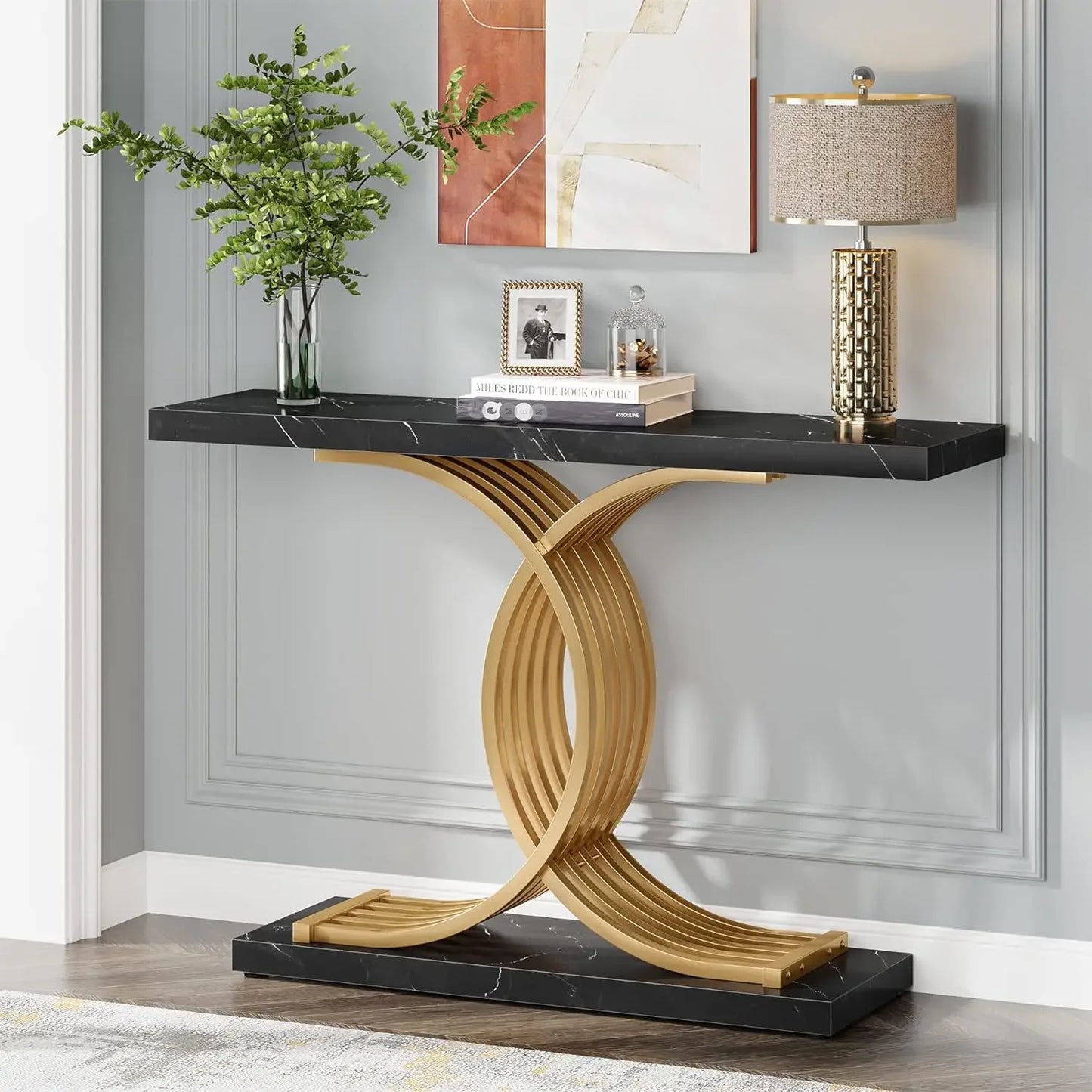 Gold Entryway Table, Modern 39” Console/Accent Table Geometric Foyer Entrance  Table