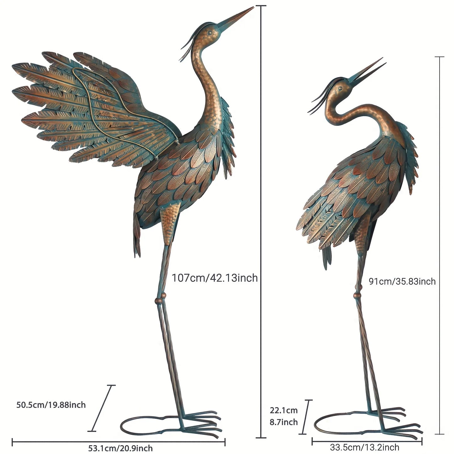 Rustic Metal Garden Crane Statues, Bird Sculptures