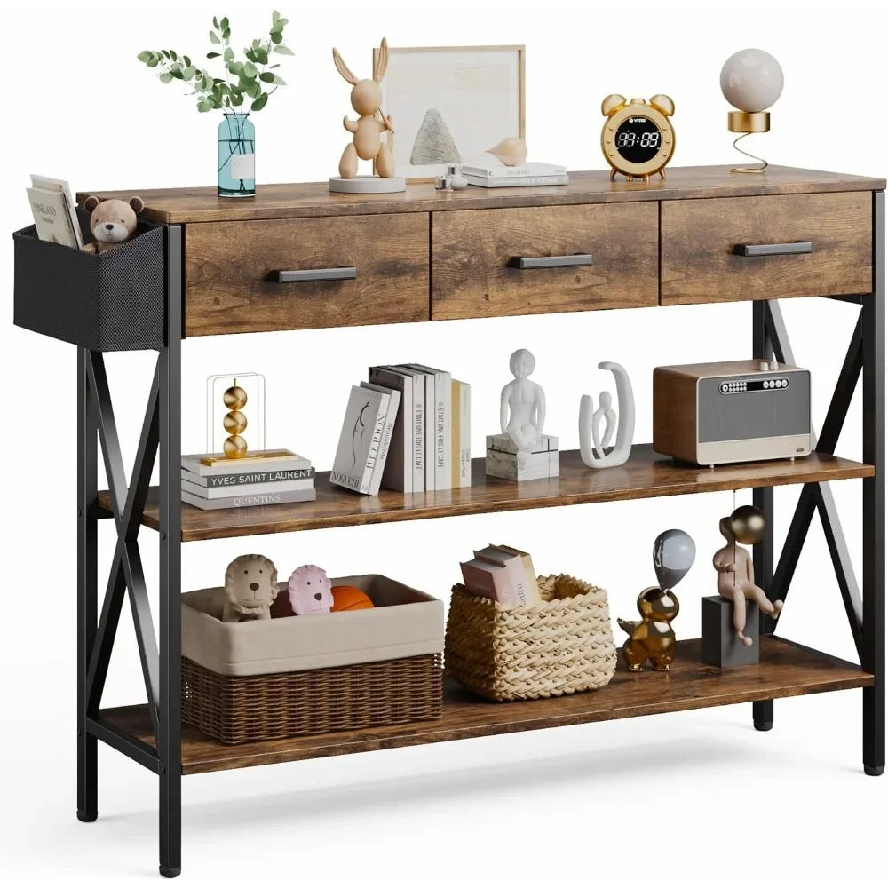 47" Console Table with 3 Drawers, Entryway Table with Shelves