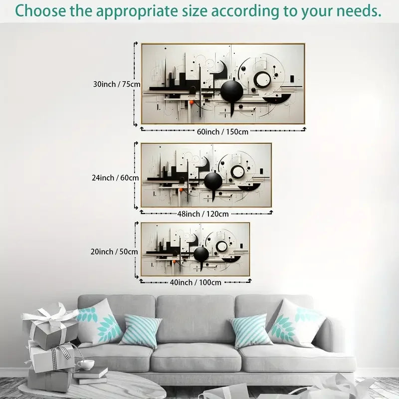 Modern Geometric Canvas Art Painting, Abstract Black & White Wall Decor