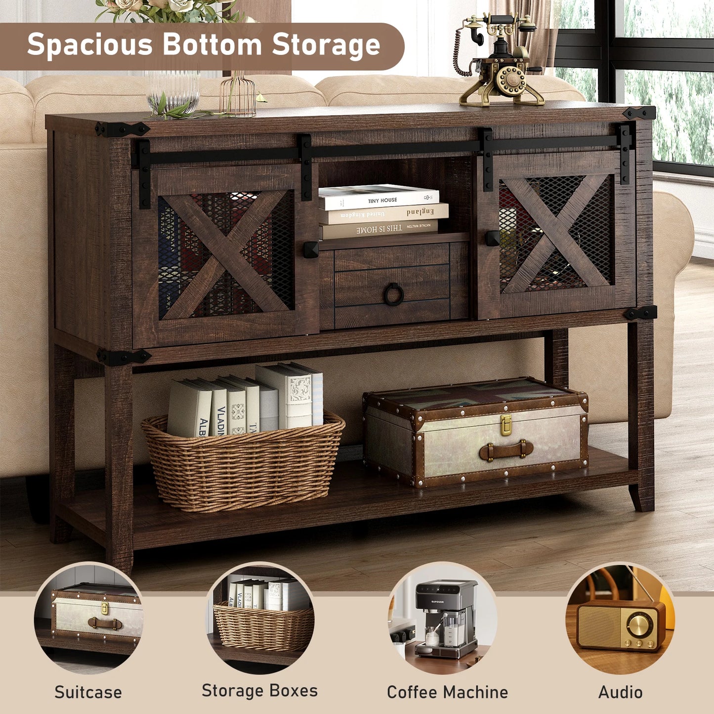 Farmhouse Entryway Table, Large Storage Console, Wood Accent Table