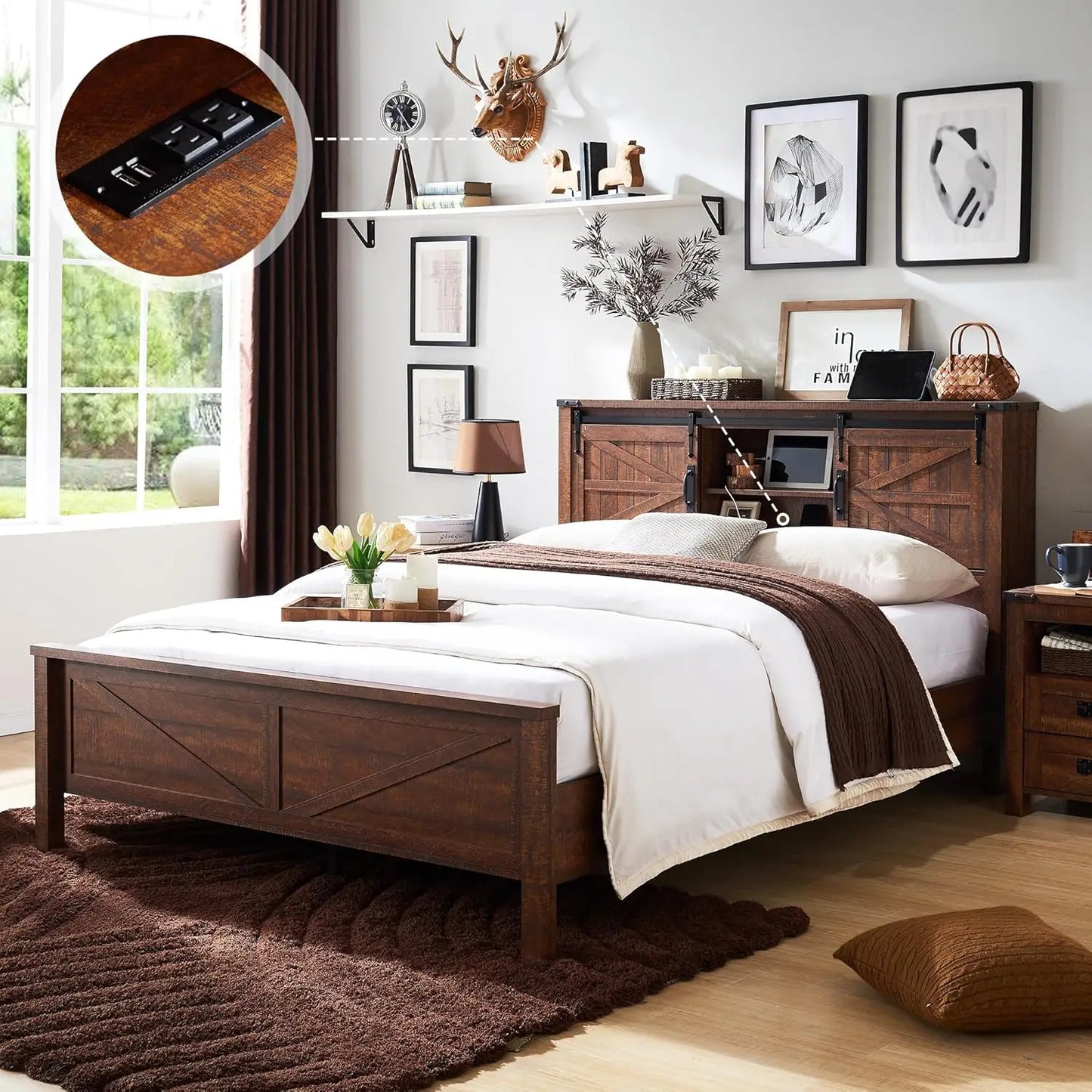 Farmhouse King Bed Frame w/Storage, Wooden Platform Bed