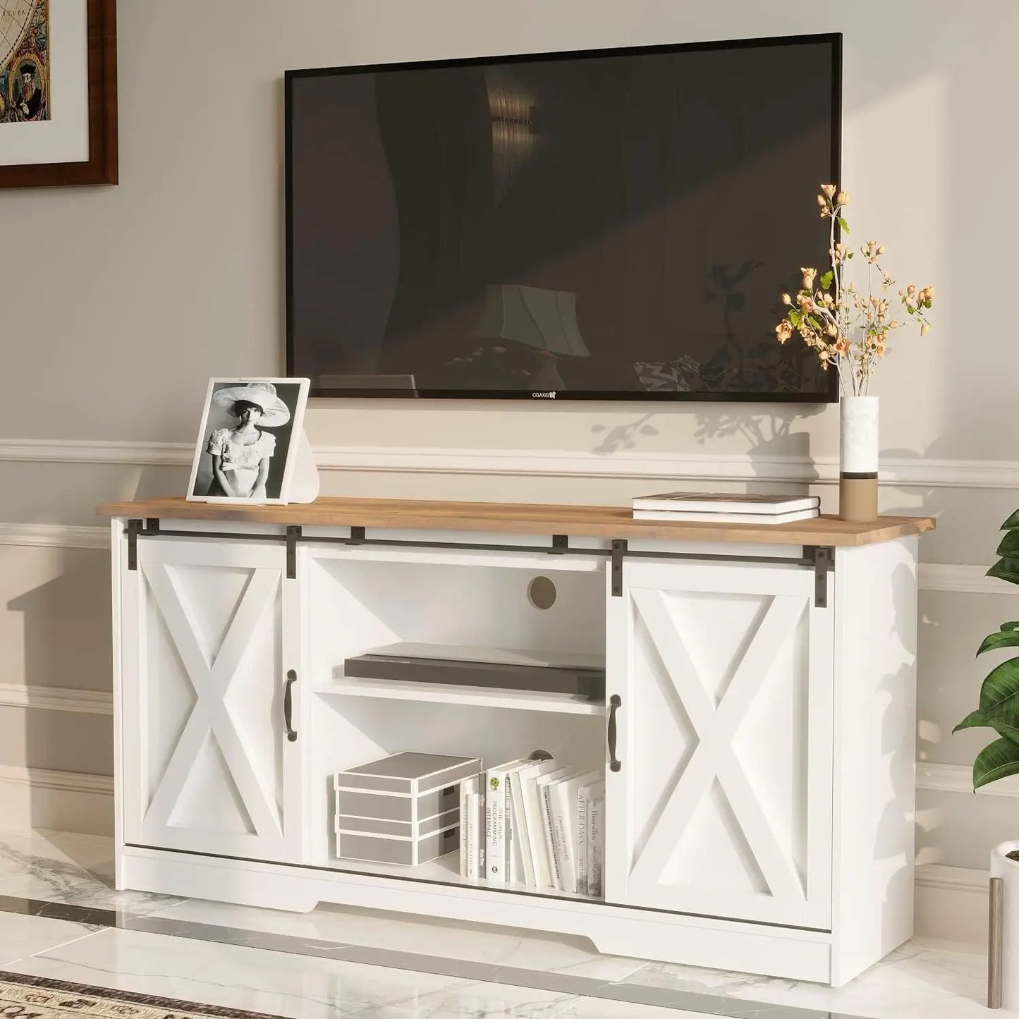 Modern Farmhouse TV Stand With Barn Door Storage Cabinets