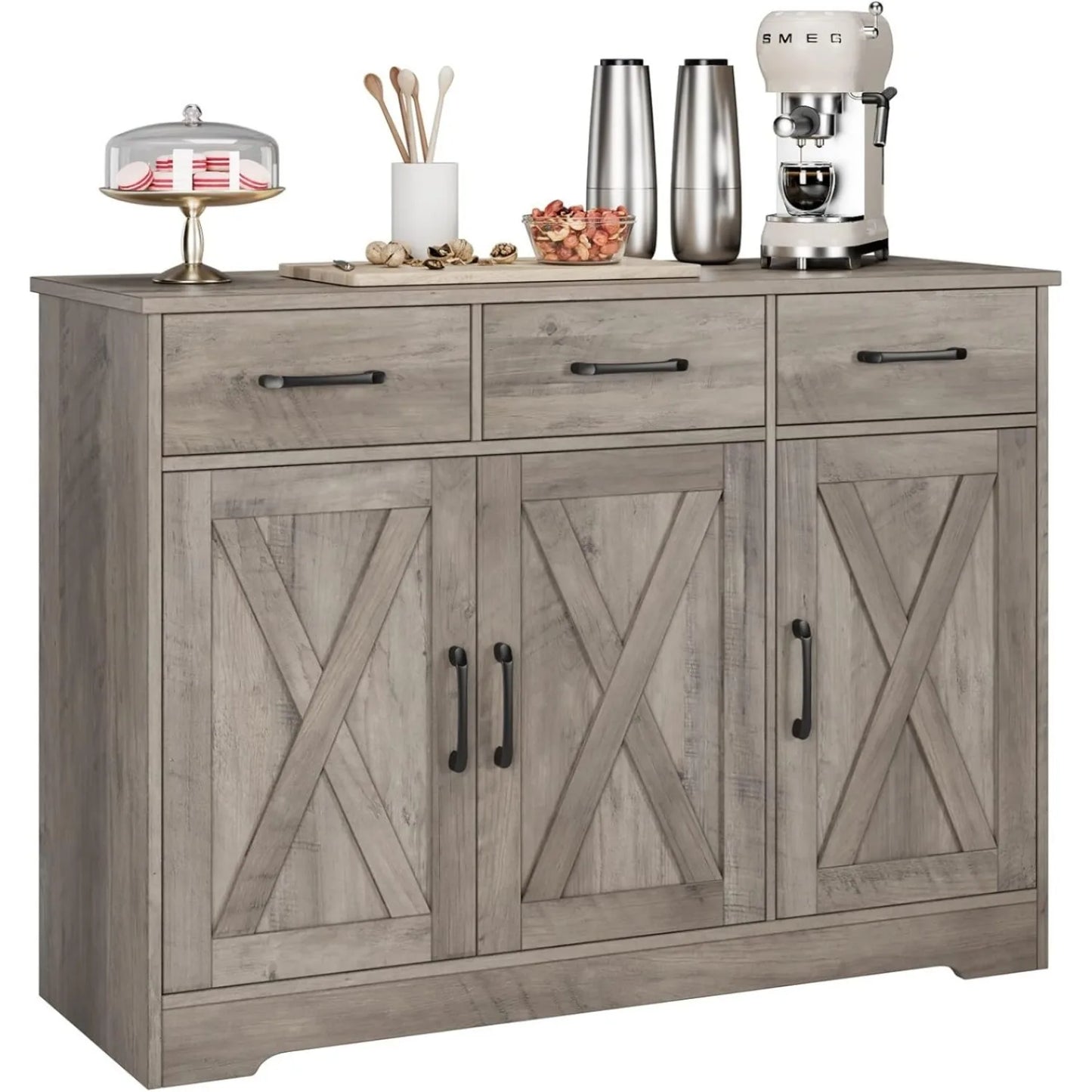 Modern Farmhouse Buffet Sideboard Cabinet, Barn Doors Storage