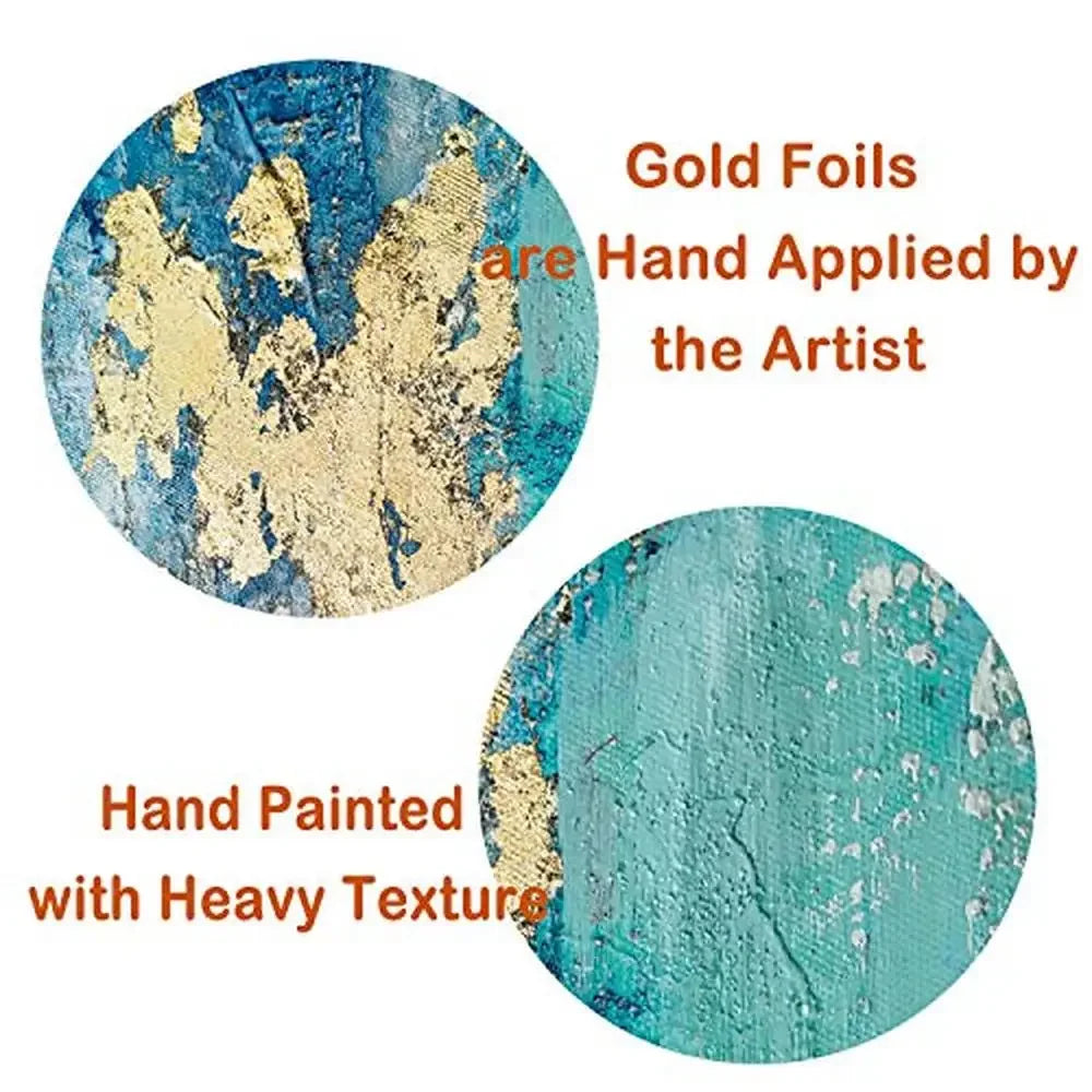 Blue Gold Abstract Canvas Wall Art, Modern Teal Painting Decor