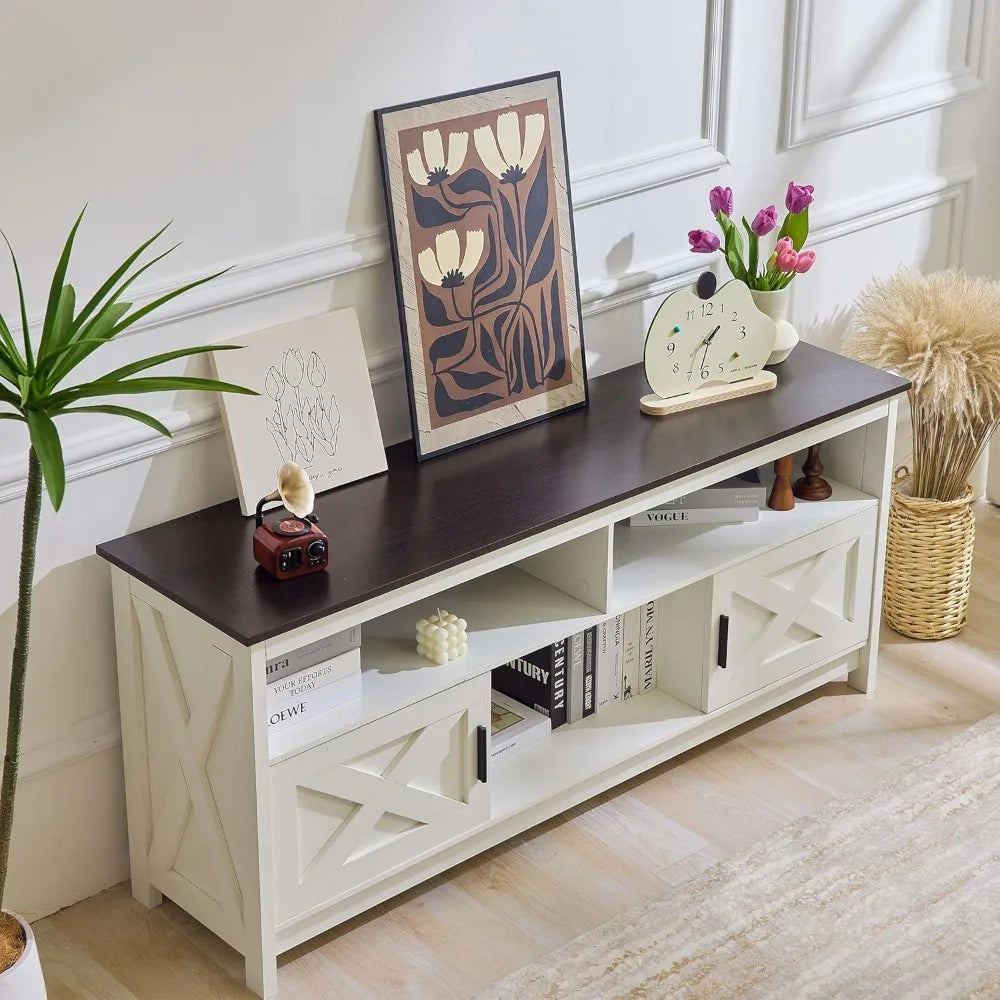 Rustic White Farmhouse TV Stand/Entertainment Center with Power Outlets