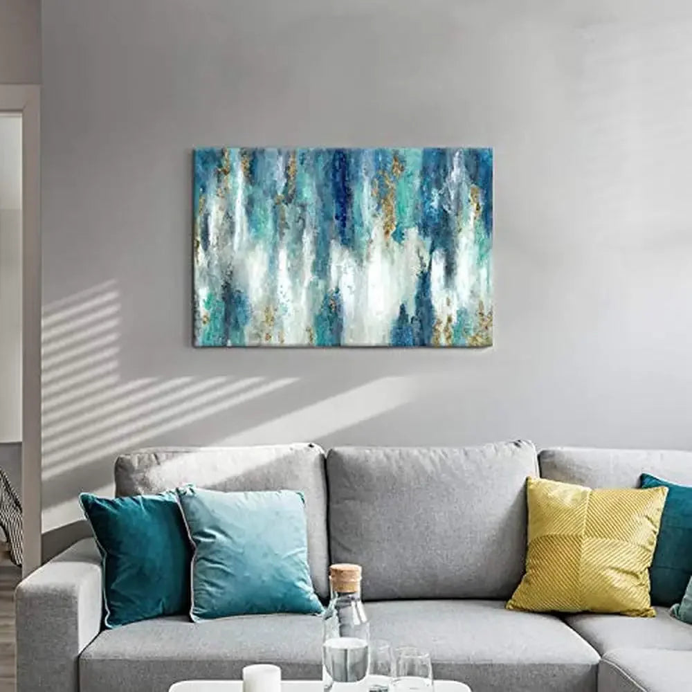 Blue Gold Abstract Canvas Wall Art, Modern Teal Painting Decor