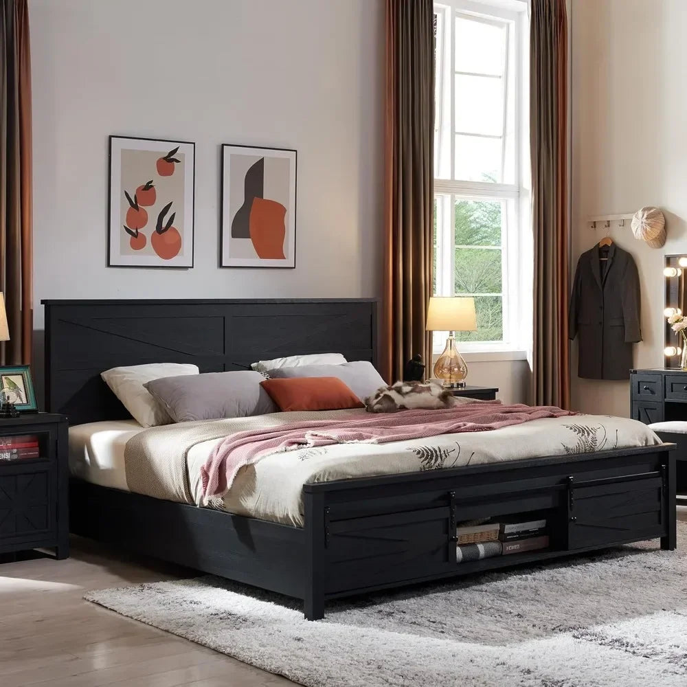 Farmhouse Wood Bed Frame with Storage